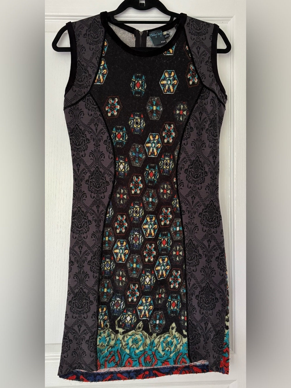 Gabby Skye Black Dress with Teal, Red and Cream Hex Motifs